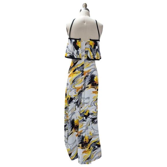 70s Vtg Leslie J  Halter Dress Blk/Wht/Yellow Watercolor Floral Maxi S - Picture 3 of 5